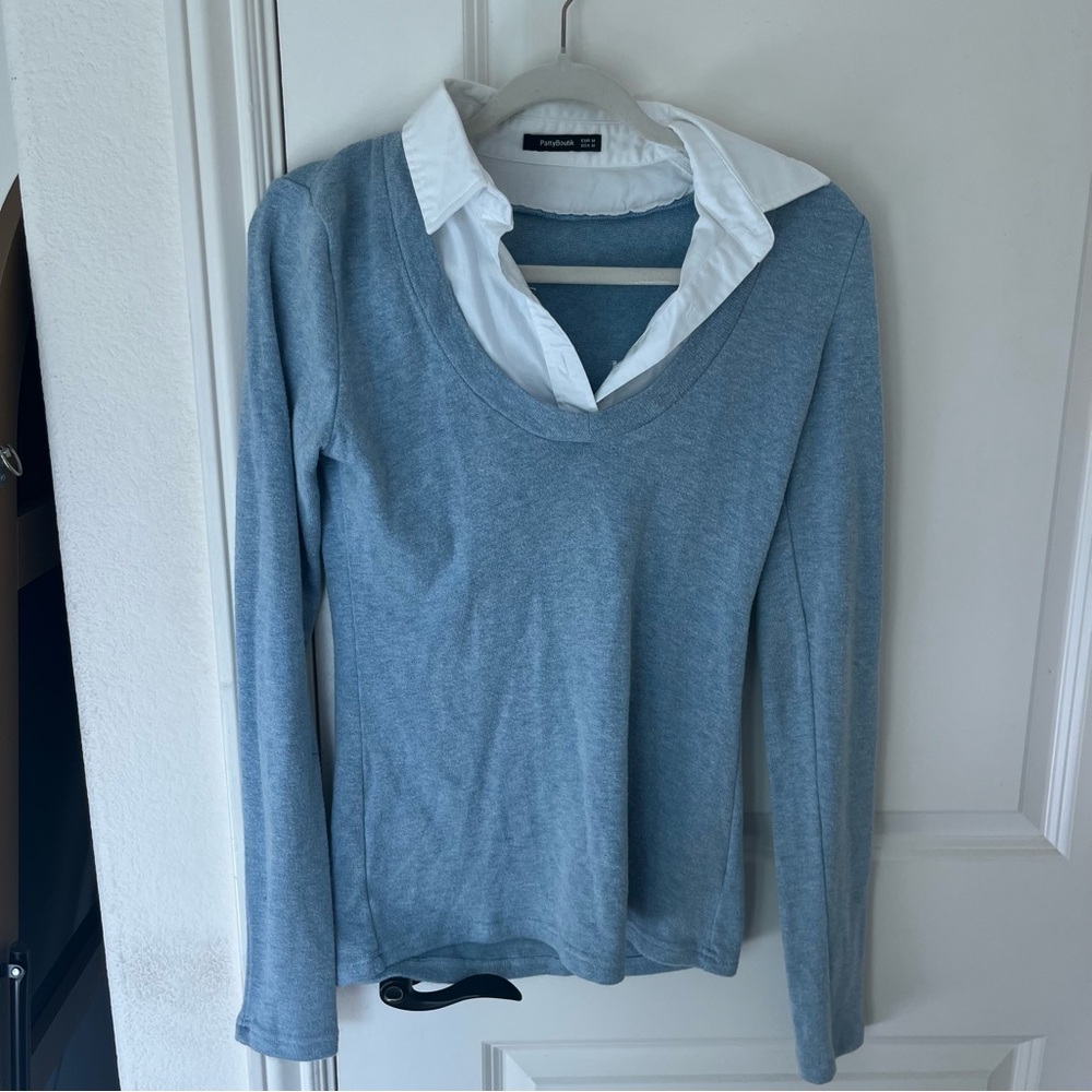 PattyBoutik Blue Sweater with White Collar Size Medium